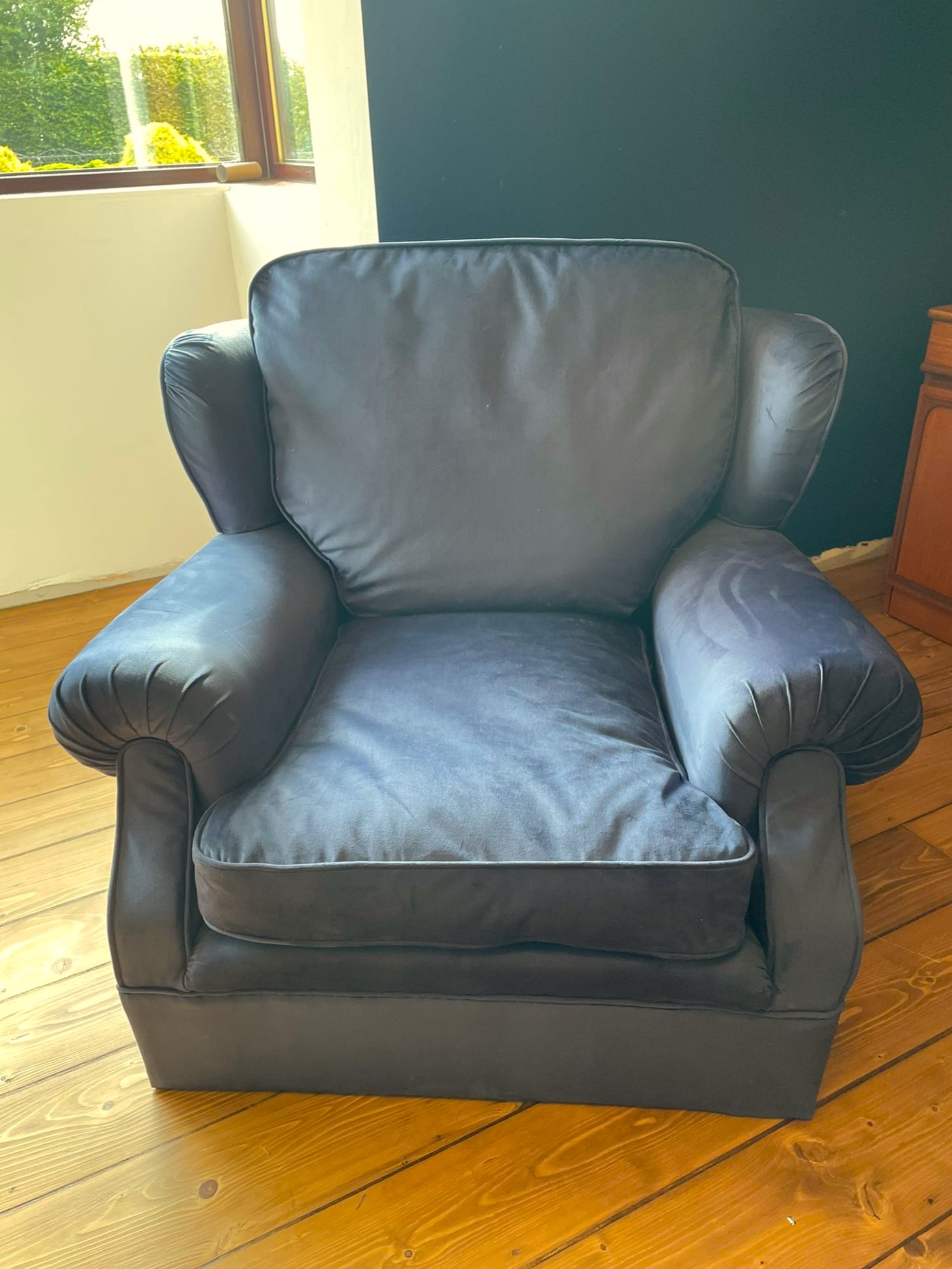 Blue re-upholstered chair